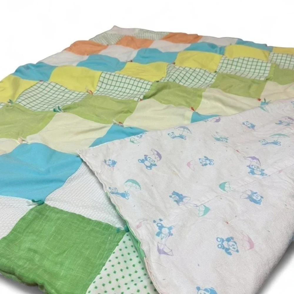 Vintage Multicoloured hand tied‎ patchwork quilt with a retro vibe
